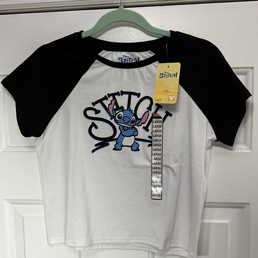 Disney Lilo & Stitch Raglan Baby Tee Black White Graphic Crop Top Large NWT